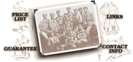 Vintage baseball team photograph surrounded by old-time player engravings, with links to the price list, links, guarantee and contact info